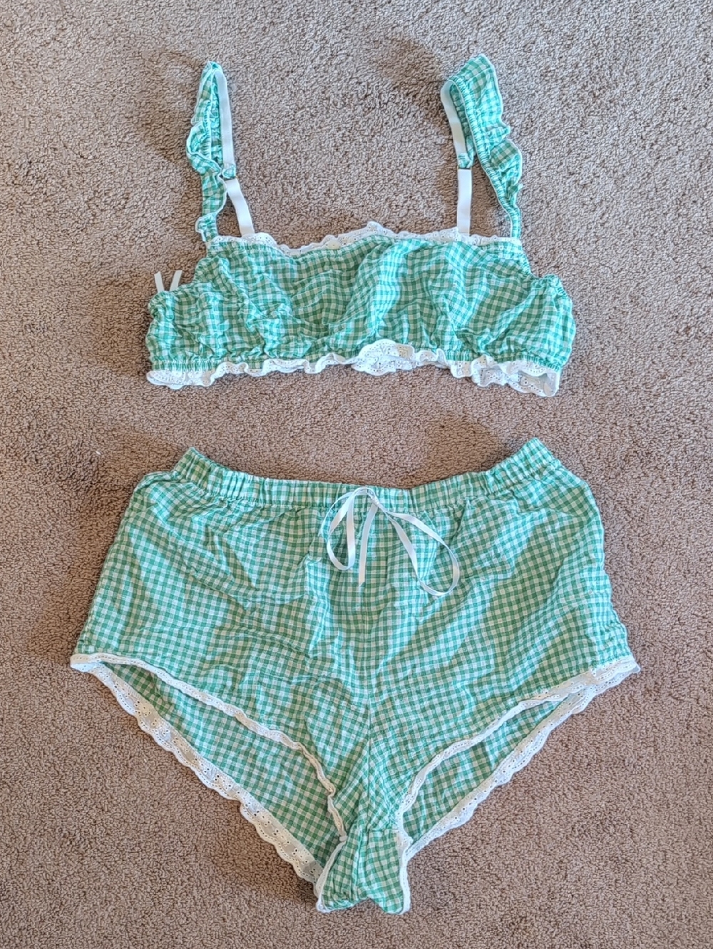 Anthropologie Mint Green Gingham Two-Piece Sleep Set